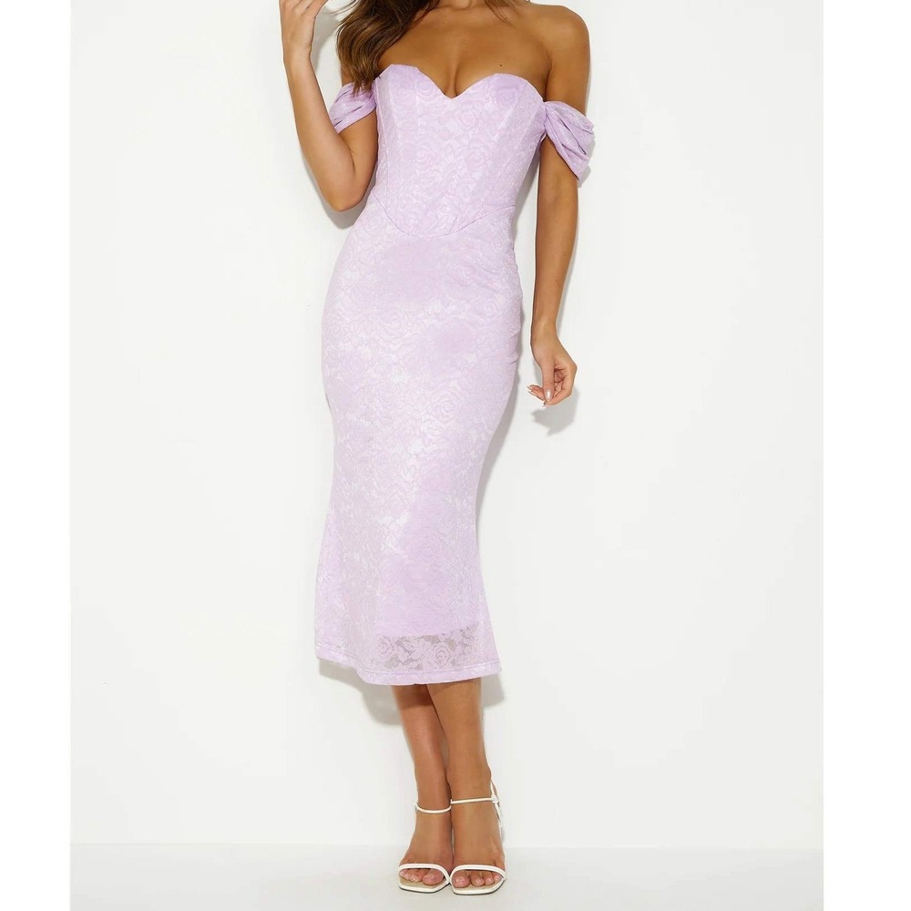 NWT Hello Molly Linking Up Lace Midi Dress Lavender Corset Off Shoulder US 4